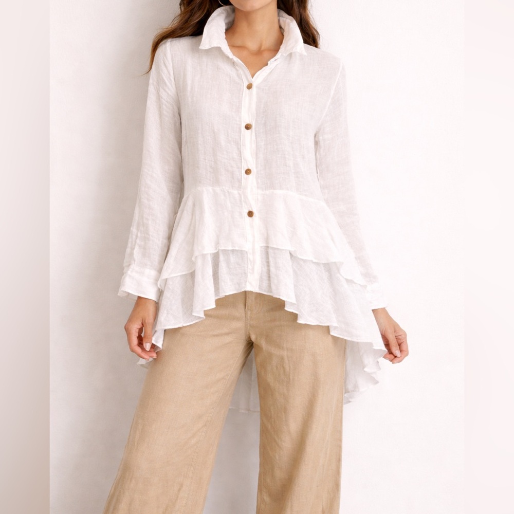 White Ruffled High-Low Button Down Shirt